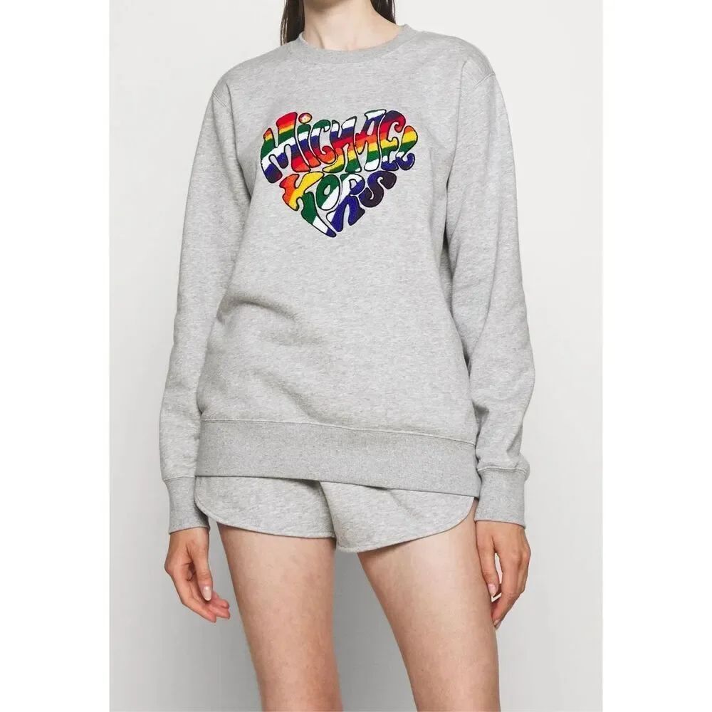 Michael Kors Women’s Pride Textured Logo Heart Rainbow 2021 Light Gray Pullover